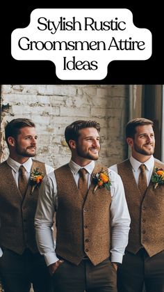 Rustic groomsmen attire with earthy tones and vests for a Thanksgiving wedding Fall Western Groomsmen Attire, Rust Bridesmaid Dresses With Groomsmen, Brown Suits For Groomsmen, Groomsmen Attire Simple, Rustic Wedding Groomsmen Attire, Autumn Groomsmen Attire, Fall Wedding Bridal Party Attire, Grooms Attire Rustic, Green Groomsmen And Bridesmaids