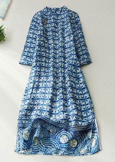 Chinese Style Blue Button Print Pockets Linen Dresses Half SleeveFabric: Cotton 45%, Linen 55%Size & Fit: Fit: This garment fits true to size.Length: Size L measures 43.68"from shoulder to hemBust: Great for any cup size. Waist: Loose Fit. Comfortable room throughout midsection.Hip: Loose Fit - room for hips. Hand Wash Cold. Blue Non-stretch Bohemian Midi Dress, Blue Bohemian Non-stretch Midi Dress, Bohemian Blue Non-stretch Midi Dress, Summer Indigo Dresses With Buttons, Bohemian Blue Midi Dress, Blue A-line Midi Dress With Buttons, Blue A-line Dress With Buttons, Blue Cotton Shift Midi Dress, Blue Cotton Button-up Midi Dress