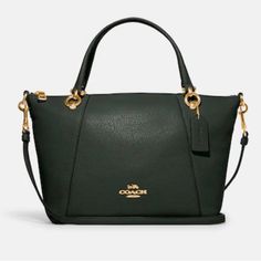 Medium Sized Leather Amazon Green Satchel With Over The Shoulder Strap. Beautiful Deep Green With Gold Hardware. Coach. Green Coach Satchel With Top Carry Handle, Formal Green Coach Bag, Elegant Green Coach Satchel, Classic Coach Green Satchel, Classic Green Coach Satchel, Green Satchel, Coach Satchel, Green Product, Vintage Coach Bags