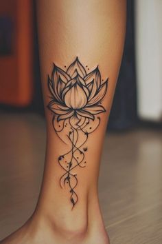 Spiritual Growth Tattoos For Women, Lotus Knee Tattoo, Beautiful Tattoos For Women With Meaning, Tattoo Legs Woman, Lotus Tattoo Sleeve, Let Go Tattoos For Women, Lotus Ankle Tattoo, Legs Tattoos For Women, Water Tattoos For Women