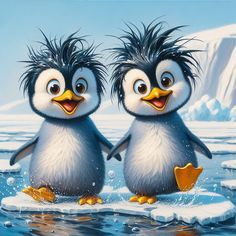 two penguins are standing on an ice floet