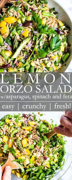 this lemon orzo salad has asparagus, spinach and feta cheese