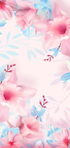 pink and blue flowers on a white background