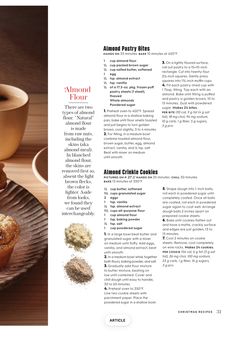 an article in the food and drink magazine about almond pastry bites on a plate next to a cup of coffee