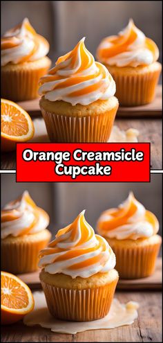 orange creamsice cupcakes with white frosting on top