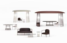 an assortment of modern furniture including chairs, tables and stools in various shapes and sizes