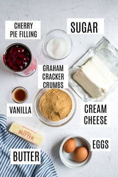 ingredients to make an ice cream cake on a white counter top, including butter, sugar, graham cracker crumbs, and vanilla