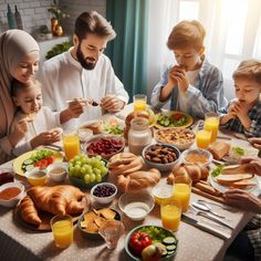 a family sitting around a table eating food