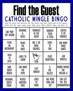 a blue and white poster with the words find the guest, catholic mingle bingo