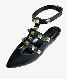 Brand new NICOLE MILLER Tulum black studded flats Womens Size 6 Black with gold tone pyramid studs Pointed toe Rubber sole Adjustable ankle strap Studded Flats, Nicole Miller, Tulum, Womens Flats, Pyramid, Ankle Strap, Rubber Sole, Womens Sizes, Size 6