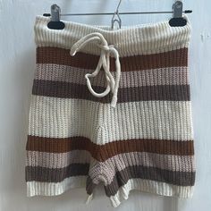 Bought As Part Of A Set New, Never Worn Cozy Knit Beige Bottoms, Trendy White Knit Bottoms, Beach Knit Beige Bottoms, Beige Knit Beach Bottoms, Beige Knit Shorts For Loungewear, Beige Knit Bottoms For The Beach, Casual Knit Shorts, Casual Striped Ribbed Bottoms, White Ribbed Casual Shorts