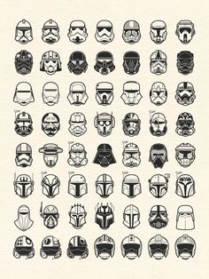 the star wars helmets are drawn in black and white, with different designs on them