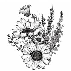 black and white drawing of sunflowers in a vase with flowers on the side