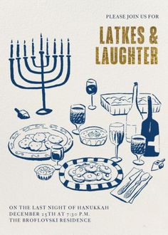 a card with an image of menorah, wine and other items on it