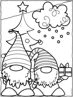 two gnomes with hats and presents in front of a christmas tree coloring pages for kids