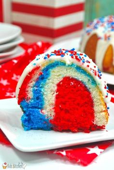 a red, white and blue bundt cake on a plate