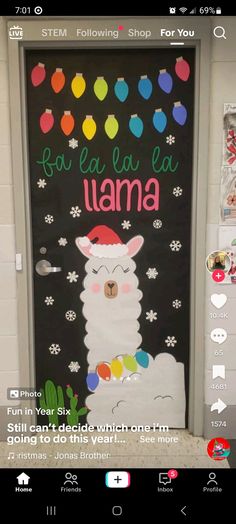 a door decorated with an image of a llama