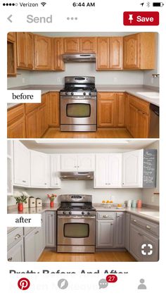 the before and after pictures of a kitchen remodel with stainless steel appliances, wood cabinets, and white countertops