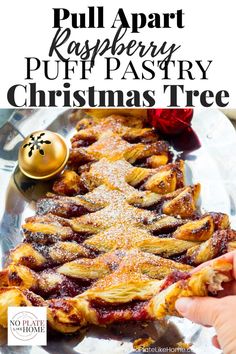 puff apart raspberry pastry christmas tree on a platter with text overlay