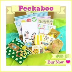 a bunch of items are sitting on a bed with the words peekaboo written above them