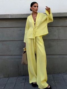 2pcs Women's Casual Loose Fit Drop Shoulder Tie Front Top And Wide Leg Pants Set, Spring And Autumn Yellow Casual    Plain  Non-Stretch  Women Clothing, size features are:Bust: ,Length: ,Sleeve Length: Loose Tie, Wide Leg Pants Outfits, Laced Up Shirt, Two Piece Pants Set, Tie Shirt, Polyester Pants, Loose Outfit, Pantalon Large, Loose Pants