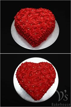 two pictures of a heart shaped cake with red icing