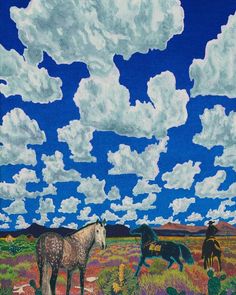 a painting of horses in a field with clouds