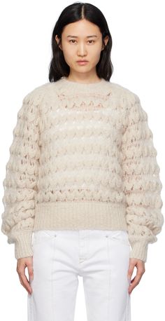 Open knit mohair-blend sweater. Rib knit crewneck, hem, and cuffs. Supplier color: Ecru Peplum Sweater, Yarn Sweater, Textured Sweater, Knitwear Fashion, Cable Sweater, Knit Crewneck, Striped Cardigan, Open Knit, Isabel Marant