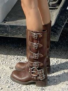 Miu Miu Leather Boots, Boots With Buckles Outfit, Miu Miu Buckle Boots, Mui Mui Boots, Miu Miu Biker Boots Outfit, Biker Boots Aesthetic, Miu Miu Biker Boots, Miu Miu Fall 2024, Miu Miu Boots Outfit