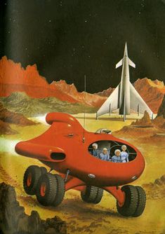 an image of a red car with two people in it and a space shuttle on the back