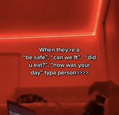 a person sitting on a couch in front of a laptop computer with the caption'when they're a be safe, can we't did u eat? how was your day type person >