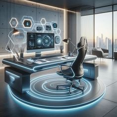 an office with futuristic furniture and lighting