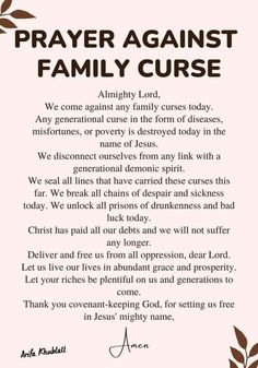 a prayer card with the words prayer against family curse in brown and white lettering on it