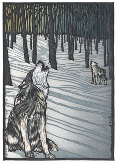 a drawing of two wolfs in the woods