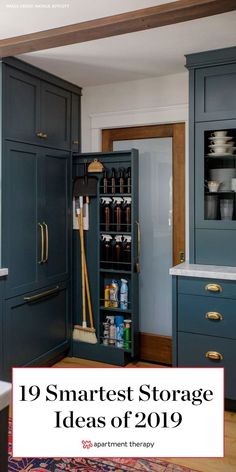 a kitchen with blue cabinets and white counter tops, the title reads 19 smartest storage ideas of 2010