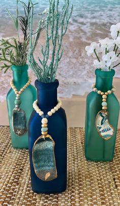 three vases with plants in them sitting on a table next to the ocean and beach