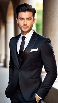 Black 3 Piece Suit, Suit Poses, Pose Pengantin, 3 Piece Suit Wedding, Mens Wedding Suits, Suits Groom, Groom And Groomsmen Suits, Suit Groom, Elegant Suit