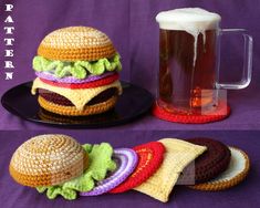 crocheted hamburgers and chips on a plate next to a glass of beer