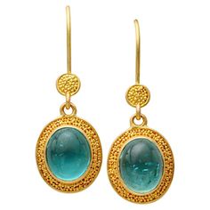 Beautifully clear Sea-Green Apatite 8x10 mm cabochons are accented with delicate fine "pasir" granulation in this ancient-inspired Steven Battelle design. Safety wires are 18K for strength and tensioning. 22k Gold Earrings, Gold Wire, Wire Earrings, Complementary Colors, Sea Green, 22k Gold, Gold Earrings, Jewelry Design, Fine Jewelry