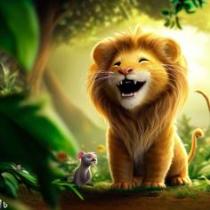 a lion with its mouth open standing next to a small mouse in the grass and trees