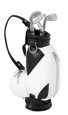 a white and black golf bag with two clubs in the holder on top of it