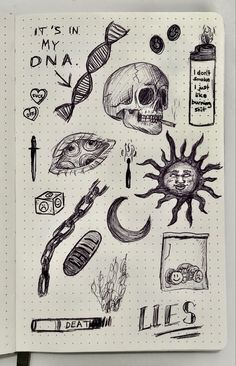 an open notebook with drawings on it and some items in the pages that are drawn