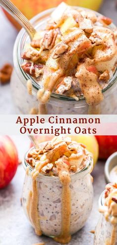 apple cinnamon overnight oatmeal with apples in the background and an image of two jars