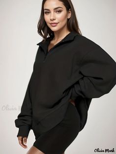 Olivia Mark - Plus Size Casual Sweatshirt, Women's Plus Solid Zipper Long Sleeve High Neck Sweatshirt Sporty Long Sleeve Tops With Zipper Closure, Black Relaxed Fit Half-zip Top, Black Half-zip Top For Loungewear, Long Sleeve Sweatshirt With Zipper For Loungewear, Zipper Closure Long Sleeve Sweatshirt For Loungewear, Relaxed Fit Long Sleeve Sweatshirt With Zipper, Oversized Half-zip Top With Ribbed Cuffs, Long Sleeve Top With Zipper Closure, Oversized Half-zip Top