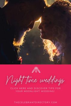 a man and woman kissing in front of the sun with text that reads, night time wedding