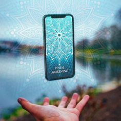 a hand holding up a phone with an image of a flower on the screen in front of a body of water