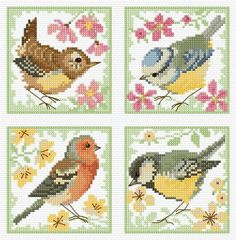 four cross stitch birds sitting on top of each other with flowers and butterflies in the background