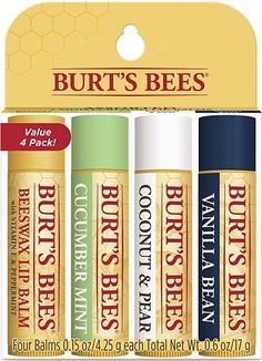 LIP CARE: Bursting with all natural flavors, refresh and renew your lips with Burt's Bees Moisturizing Lip Balm in four naturally nourishing flavors: Original Beeswax, Cucumber Mint, Coconut & Pear, and Vanilla Bean. TOTAL HYDRATION: With beeswax and fruit extracts packed into every tube of our lip balm, you can hydrate and smooth dry lips with a quick swipe of our balm. LONG LASTING MOISTURE: Just one swipe of our conditioning lip balm locks in moisture to leave your lips feeling conditioned an Burt's Bees Lip Balm, Burts Bees Lip Balm, Chapstick Lip Balm, Burts Bees Lip, Beeswax Lip Balm, Soften Lips, Best Lip Balm, Lip Balm Set, Hydrating Lip Balm