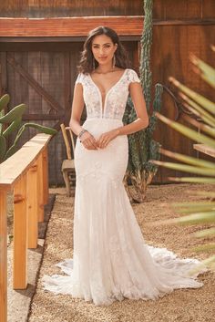 a woman standing in front of a cactus wearing a wedding dress with an open back