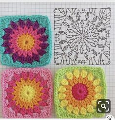 three square crocheted squares with flowers on them